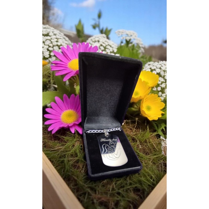 Laser-engraved inox pendant with “Family First” and family outline. Symbolic gift with chain and gift box. FAM"Stainless steel pendant with engraved words 'Family First'"