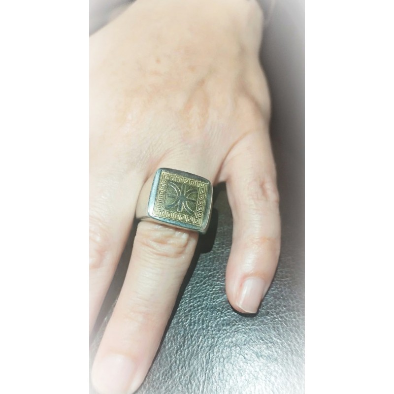 Greek Symbol Ring – Delphic E Meander | WoodSweetWood Silver-plated ring with Delphic E and meander border – WoodSweetWood