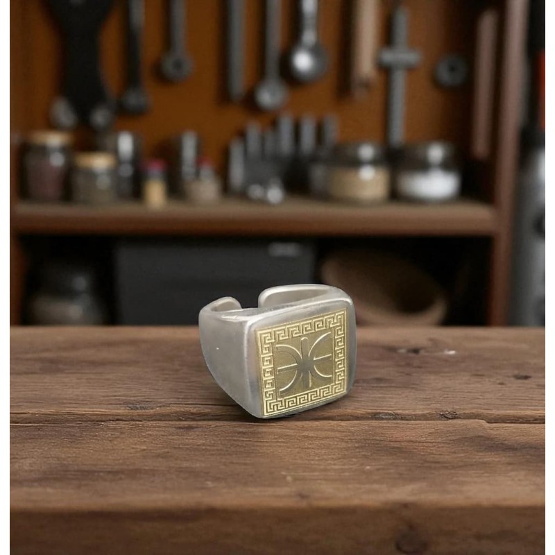 Greek Symbol Ring – Delphic E Meander | WoodSweetWood Silver-plated ring with Delphic E and meander border – WoodSweetWood