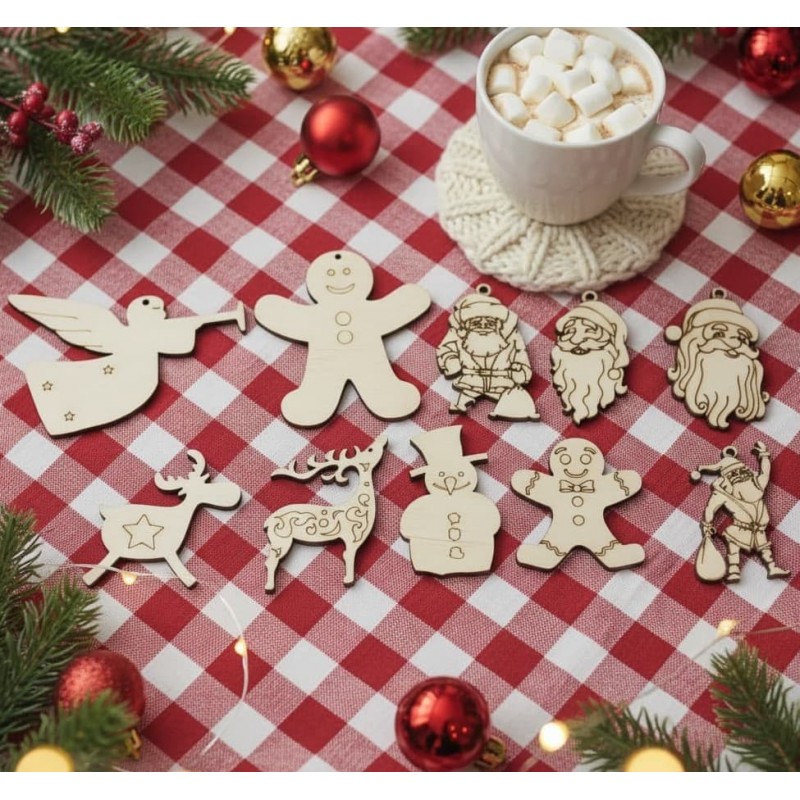 Wooden ornaments (set of 9 pcs) in various designs by birch wood Wooden ornaments (set of 9 pcs) by birch wood