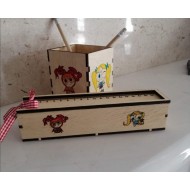 Wooden pencil case with figures