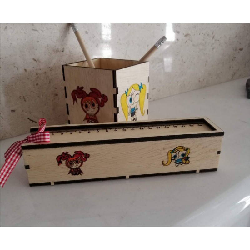 Wooden pencil case with figures