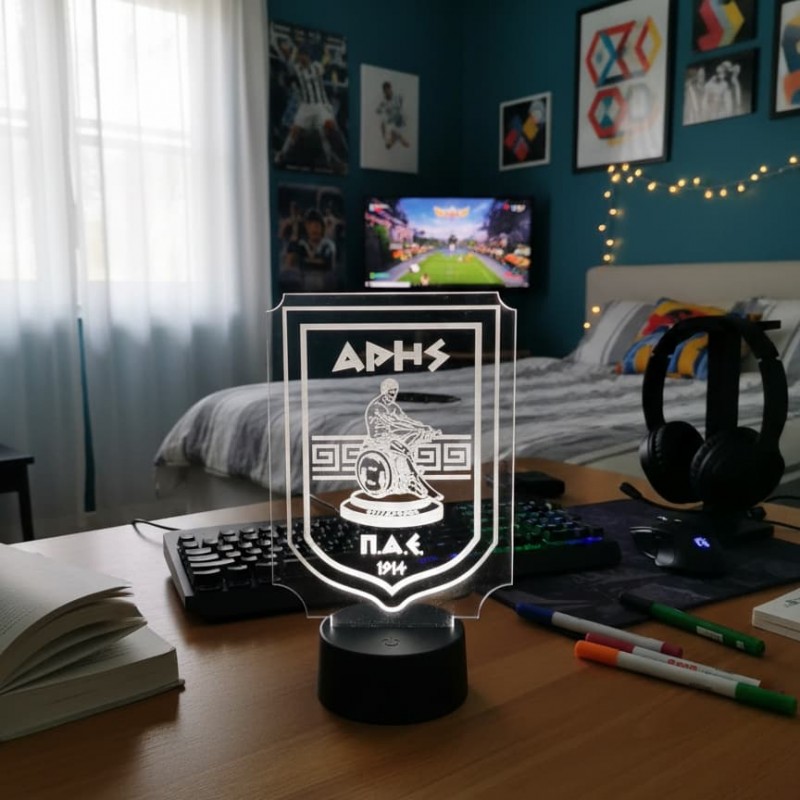 3D led light ΑRIS with choice of the base wood or plastic 3D led light ΑRIS