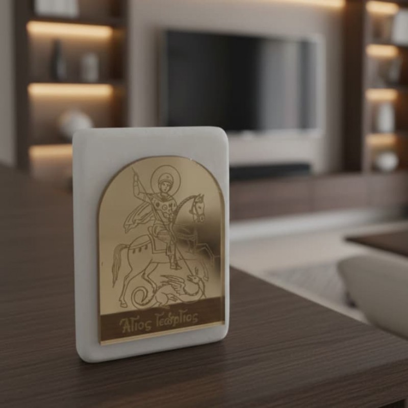 Marble element with gold plexyglass with engraved image of Saint Marble favor box with engraved Saint image