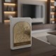 Marble element with gold plexyglass with engraved image of Saint Marble favor box with engraved Saint image