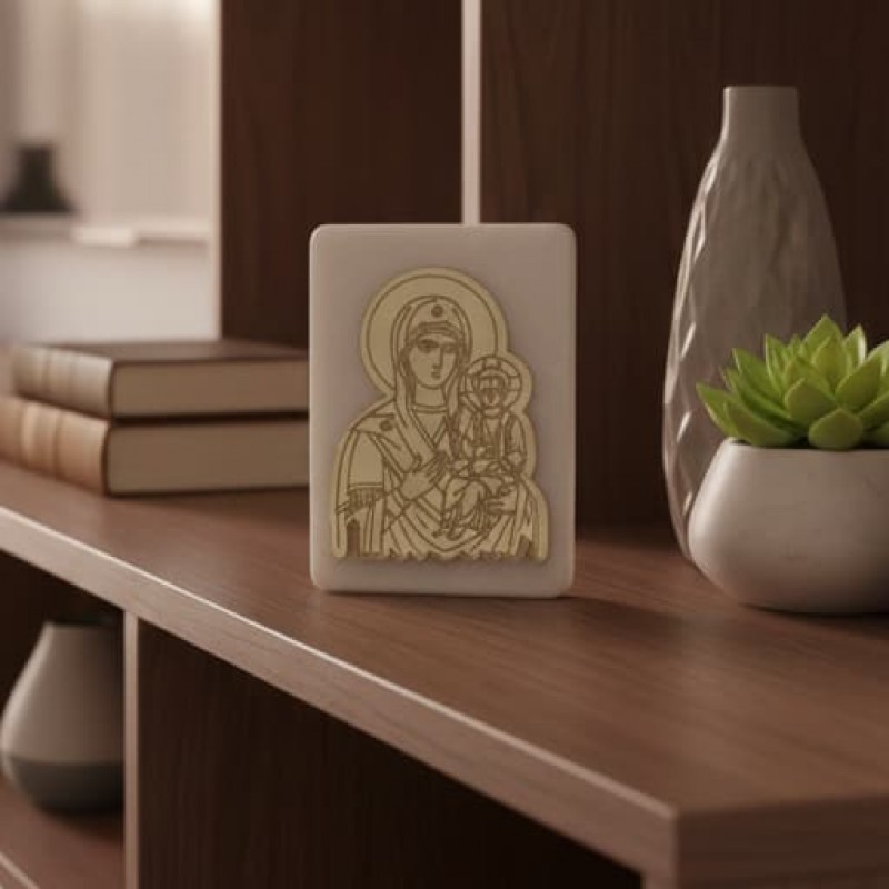 Marble element with gold plexyglass with engraved image of Saint Marble favor box with engraved Saint image