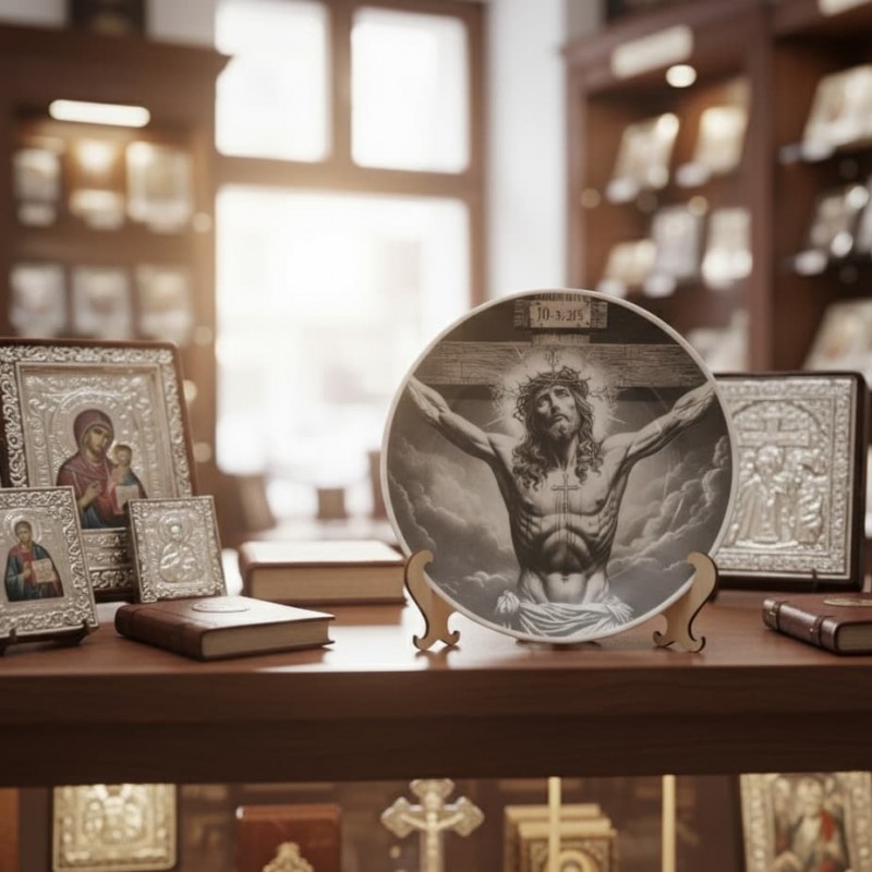 Engrave image of Jesus on a ceramic plate with wooden base Image of Jesus on ceramic plate