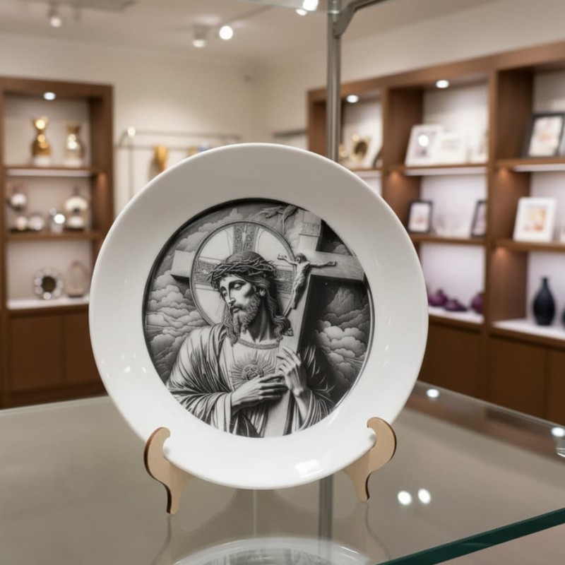 Image of Jesus with the cross on ceramic plate and wooden base Engraved image of "Jesus with the cross" on ceramic plate