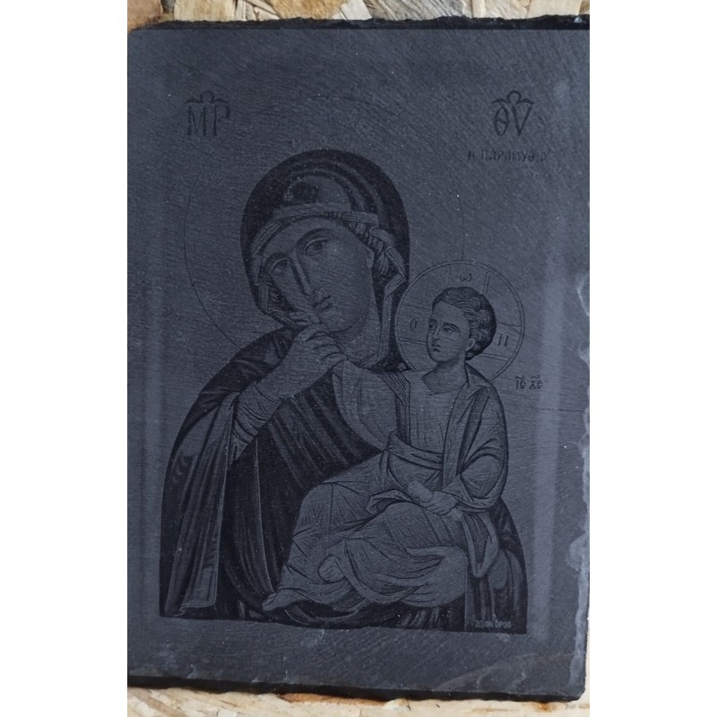 Panagia i paramithia on black slate BLACK STONE PHOTO ENGRAVE SAMPLES