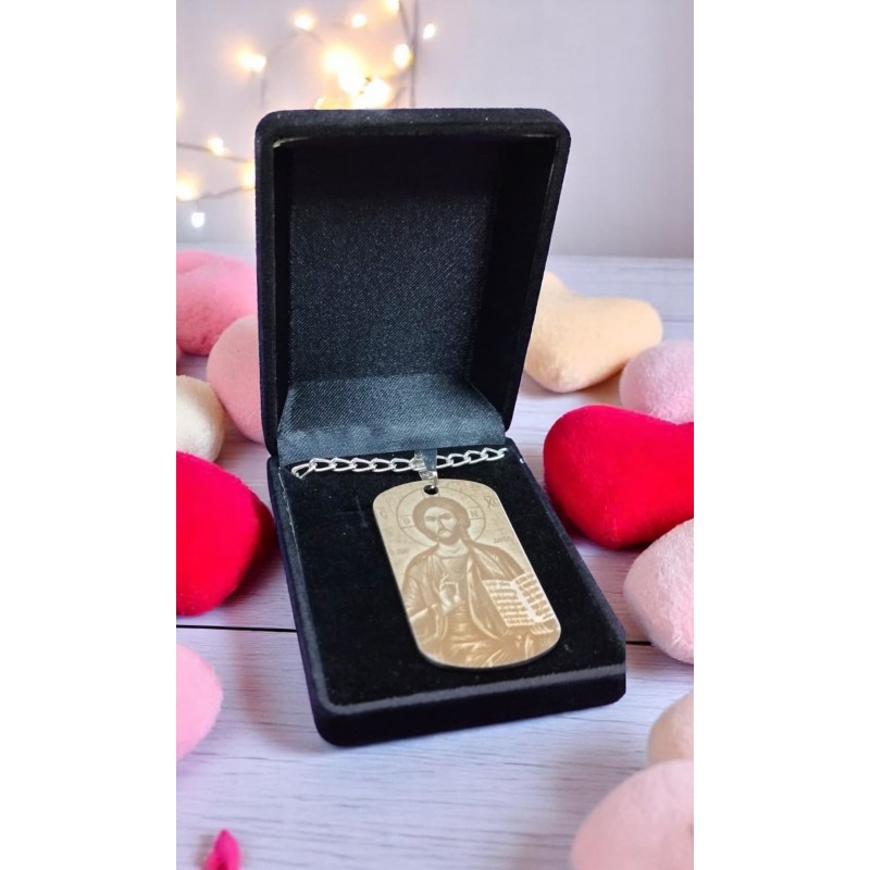 Metal pendant engraved with Jesus Christ Pantocrator icon in stainless steel