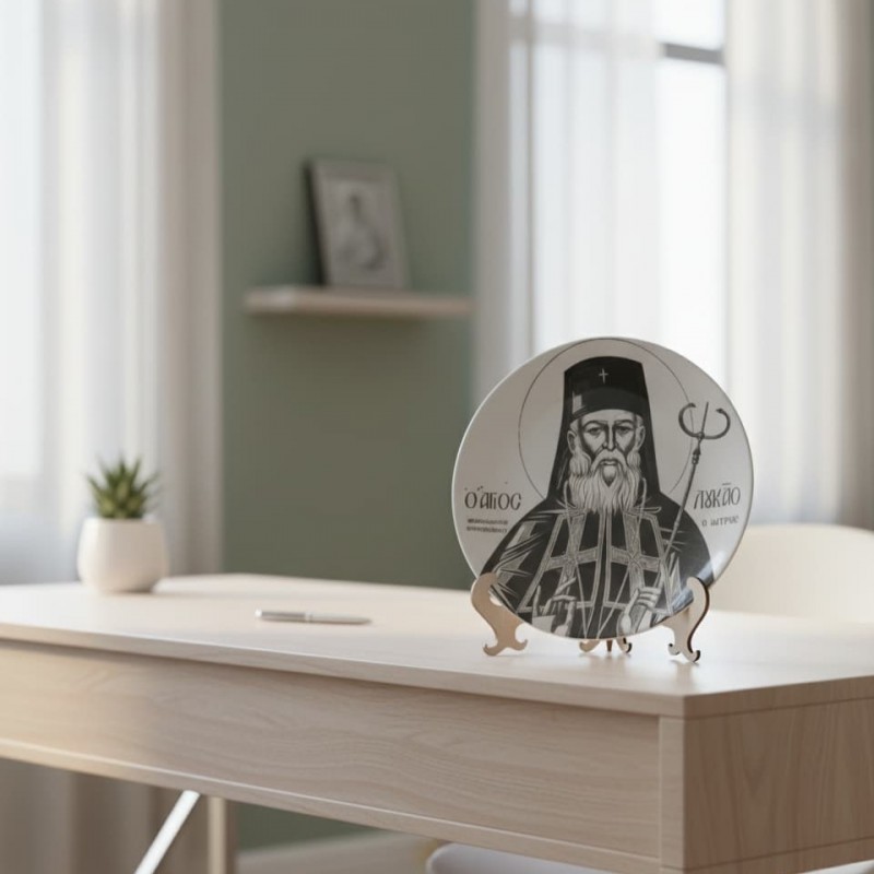 Engraved image The holy temple of Agia Sofia on ceramic plate and wooden base The holy temple of Agia Sofia on ceramic plate