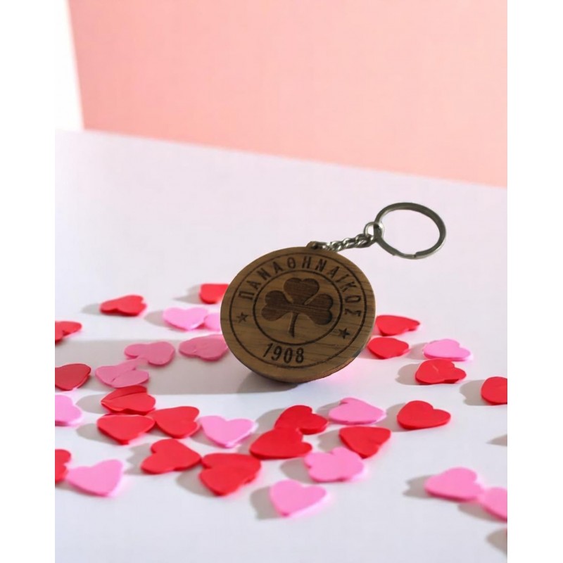 Panathinaikos wooden keychain with engraved clover and 1908 – collectible fan gift