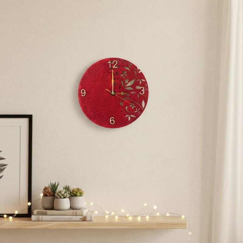 wall clock red florar and glitter wooden wall clock red glitter