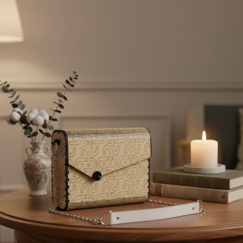 WOODEN BAG ANNIE MOTIF WHITE SQUARE, handmade clutch bag, woman fashion, accesories, tourism, greek fashion bag by wood with motif