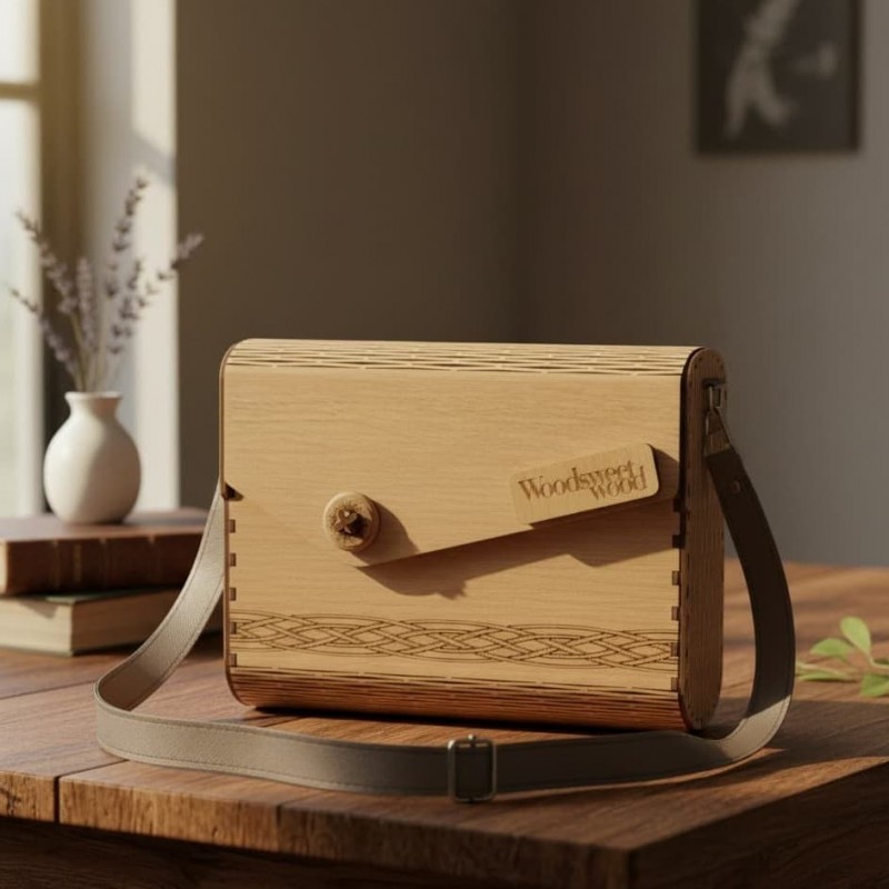WOODEN BAG  ANNIE, ideal woman fashion gift, leathery inlay and chain or leather hang