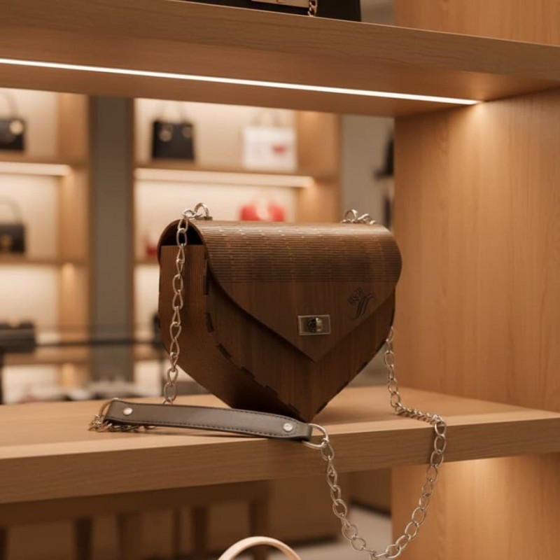 WOODEN BAG HEART BROWN middle size