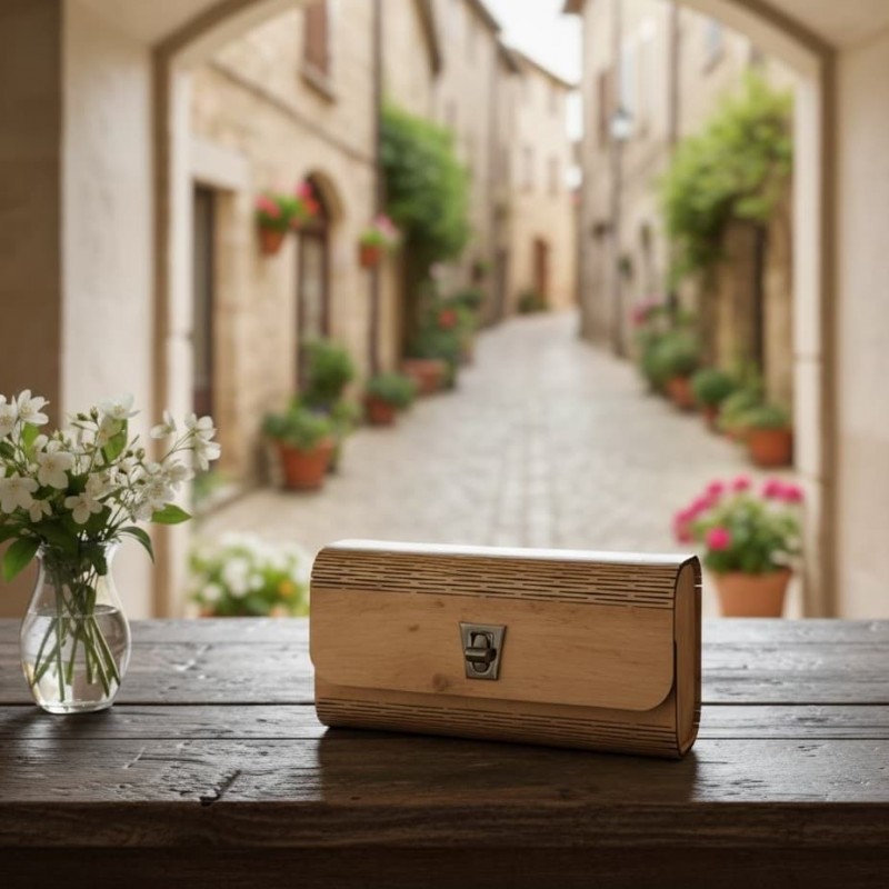 Wooden bag PRETTY No 2, handmade clutch bag with leathery inlay