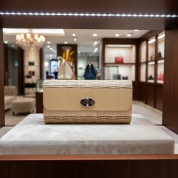 Wooden bag PRETTY No 2, lgiht beige mdf, with leathery inlay